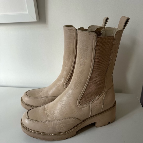 Women's Cream Leather Boots Domino Chelsea Mid Calf - Picture 1 of 3